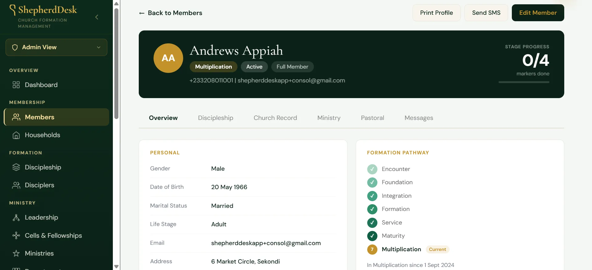 ShepherdDesk member profile showing personal details and formation pathway progress