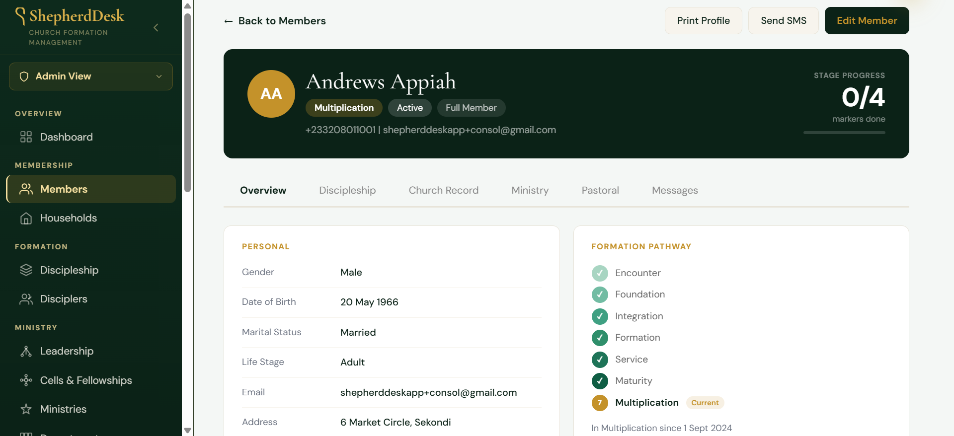 ShepherdDesk member profile showing personal details and formation pathway progress